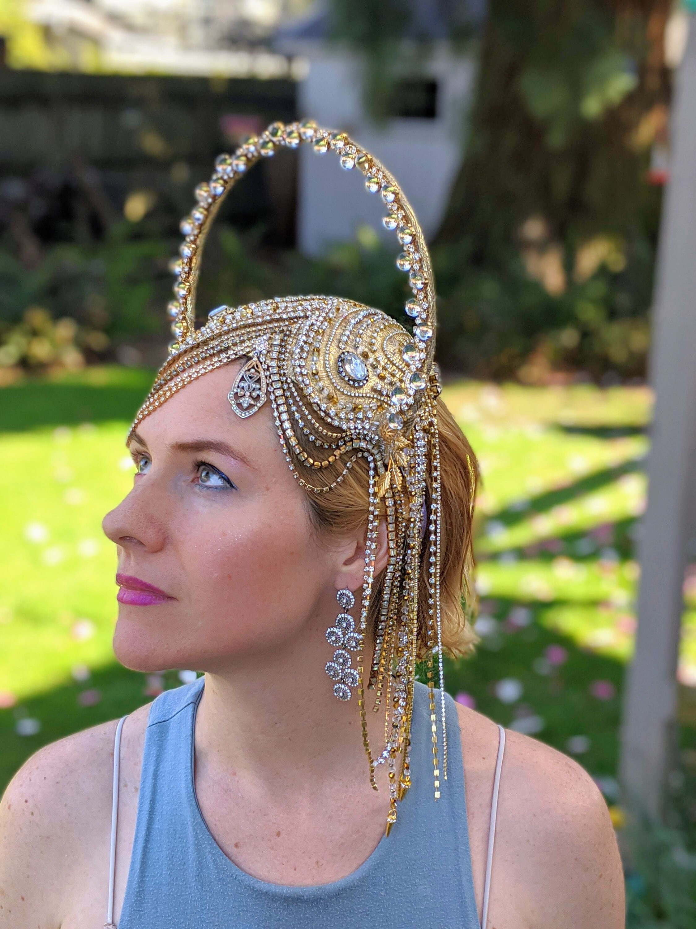 DRYEN Crytsal Head Chain Silver Cap Hoofdstukken, Rhinestone Mesh Hoofddeksel Cap, Bruids Party Flapper Haarstukken Sieraden Haaraccessoires Voor Vrouwen (Goud