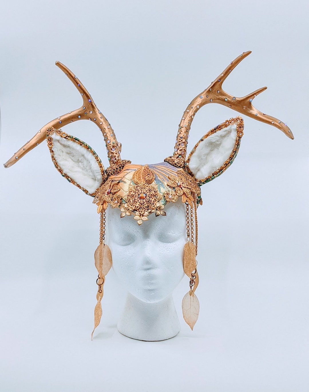 Golden Deer Crown, Gold Antler Headdress, Fawn Headpiece, Golden