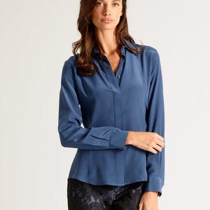 Silk Crepe Blouse Handmade NYC — Dusty Blue Silk Blouse, Luxury Designer Top, Gift for Her, Button Down Silk Shirt, Made in USA