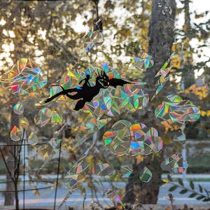 May include: A black silhouette of a dragon with a rider flying through a holographic, iridescent cloud design. The design is on a window screen.