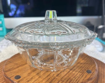 Vintage KIG lidded,beaded & manganese glow candy | trinket | dish