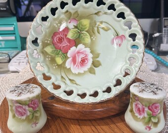 Lefton China Green Heritage Pink Roses Salt and Pepper Shaker set #3070 & footed compote | candy dish | pastry dish | #2274