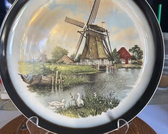 Vintage Royal Schwabap Holland Collector Plate – Dutch Windmill Landscape by J.C. van Hunnik – Hand-Decorated Scenic Souvenir Ceramic Plate