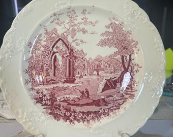 Vintage Taylor Smith & Taylor English Abbey Red Transferware Dinner Plate | Pink Transferware | Cottagecore | English Country Decor