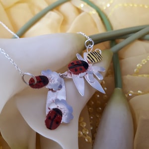 Sterling Silver Enamelled Ladybirds and Bee Panel Necklace