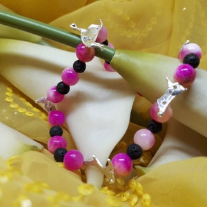 Melted Sterling Silver, Pink Agate and Lava Bead Elasticated Bracelet