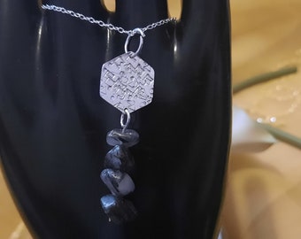 Sterling Silver Geometric Stamped Hexagon Necklace with Black and White Quartz Chip Beads