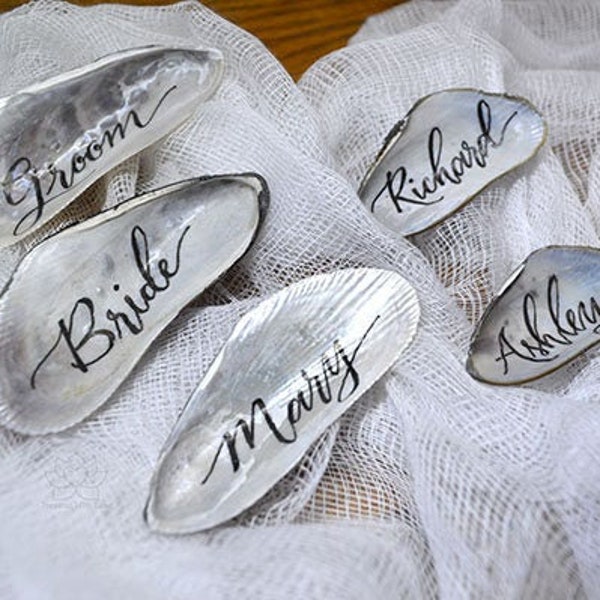 Custom Personalized Calligraphy Mussel Shells Name Place Card, Rustic Beach Nautical Destination Wedding Name Cards, Inspired With Love