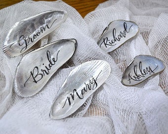 Custom Personalized Calligraphy Mussel Shells Name Place Card, Rustic Beach Nautical Destination Wedding Name Cards, Inspired With Love