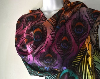 Sunrise Peacock Feathers Fan Silk Scarf, Inspired With Love Nature Accessories Printed Pattern 100% Silk Habotai / Poly Chiffon Scarf
