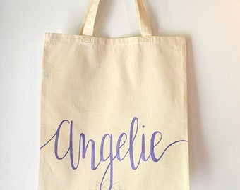 Custom Personalized Name Hand Lettered 100% Cotton Natural Tote Bags Reusable, Bridesmaid Gift, Maid of Honor Gift, Wedding Favor & Gifts