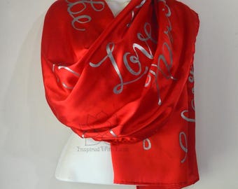 Custom Script Message 100% Silk Red Scarf, 12 Year Silk Anniversary Gifts For Her, Hand lettered Quote Scarf, Personalized Wedding Vows