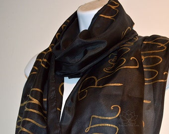 Custom Script Message 100% Silk Black Scarf, 12 Year Silk Anniversary Gifts For Her, Hand lettered Quote Scarf, Personalized Wedding Vows