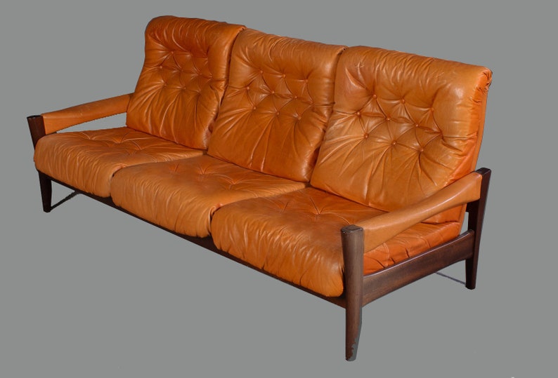 Lovely 3 Seater Vintage Leather Sofa Swedish 70s Design Cognac Coloured