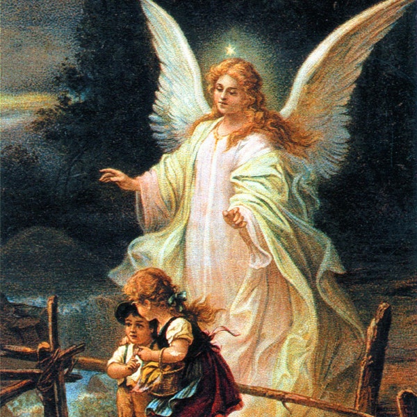 Ange gardien avec des enfants traversant l’impression sur toile catholique de Brigde. Anges pour enfants Art catholique pour chambre d'enfants