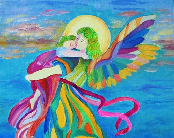 Guardian Angel with Child canvas print, hand painted Angel in vivid bright colours.