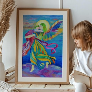 Guardian Angel with Child canvas print, Reproduction of Hand painted Angel for Kids  Children Room Baptism Gift Baby Shower Artwork Poster
