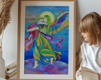 Guardian Angel with Child canvas print, Reproduction of Hand painted Angel for Kids  Children Room Baptism Gift Baby Shower Artwork Poster