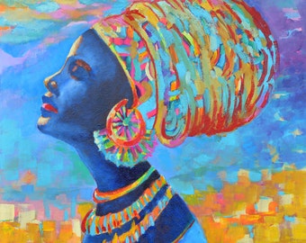 Pintura de mujer negra Pintura de mujer africana en una hermosa y colorida envoltura para la cabeza de MWalulik Arte de belleza negra Pintura de dama negra Arte de mujer negra