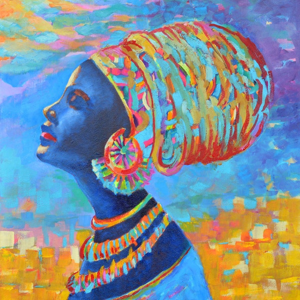 Black woman painting African woman painting in beautiful colorful head wrap by MWalulik Black beauty art Black lady painting Black woman art