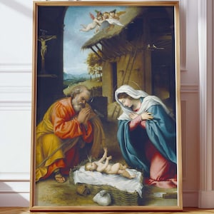 Holy Family Vintage Nativity scene Virgin Mary print Birth of Jesus Retro Catholic Artwork Christmas Gift Christian Eve Wall Art Winter Deco