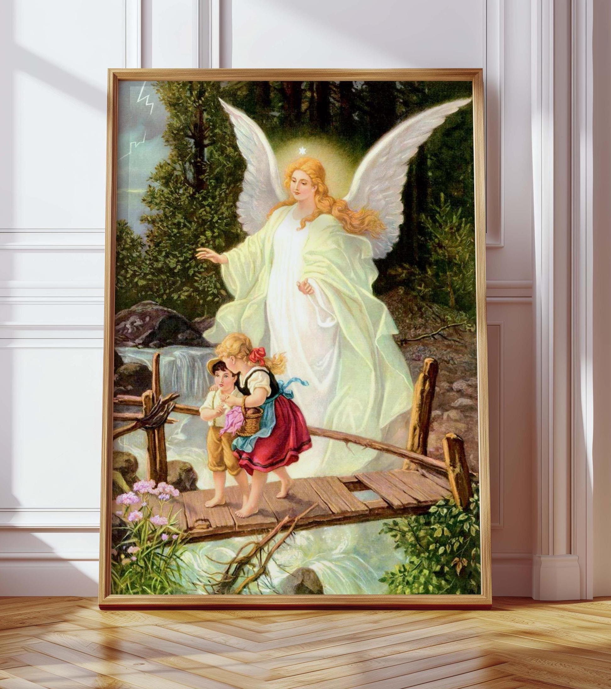 Guardian Angel Watching Over Children Crossing Bridge Christian
