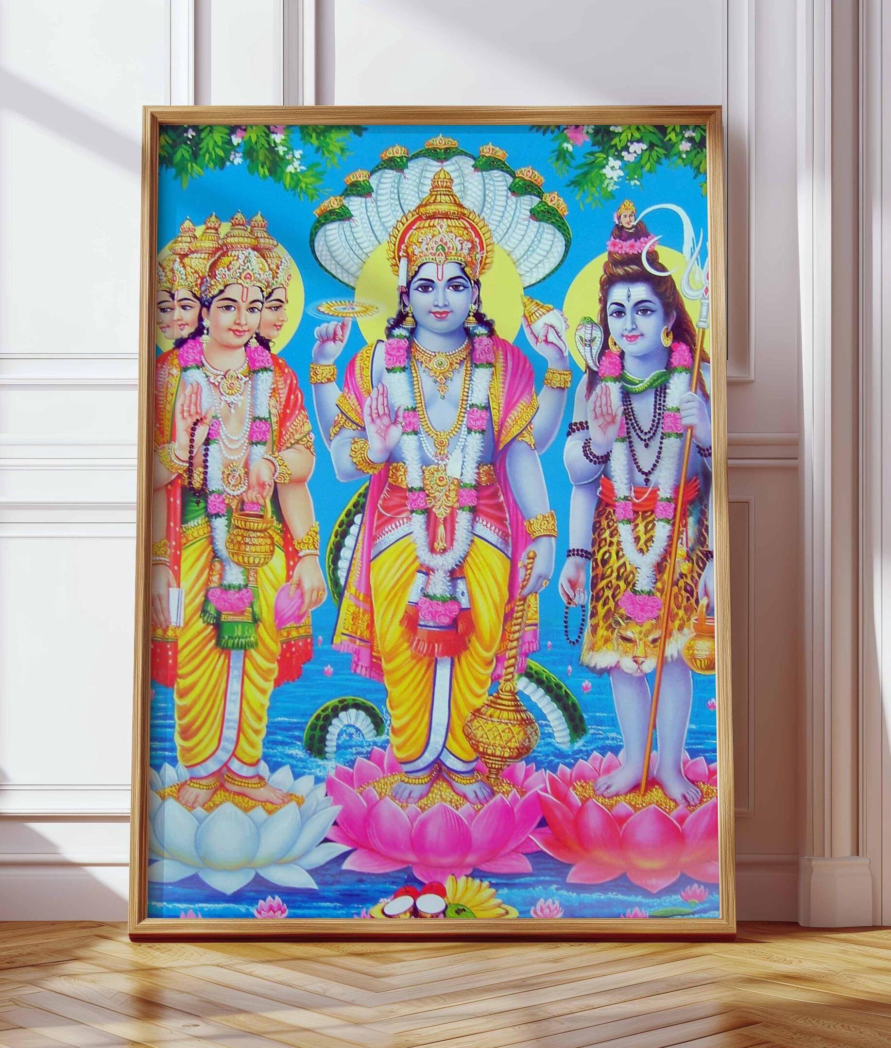 Vishnu Brahma Shiva, Hindu Holy Trinity, Hindu Gods, POSTER Print, Hindu Mythology Wall Art, Picture of Hindu Gods, Temple Hindu Wall Decor