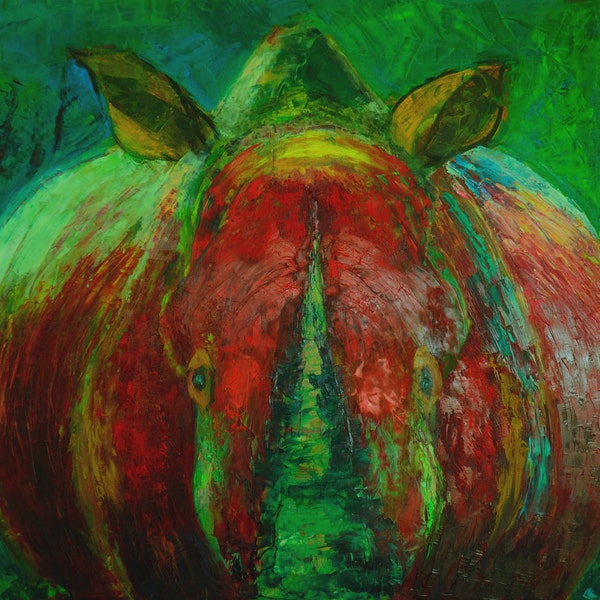 Rhino print African Rhinoceros art Animal painting Animal portrait Rhino art Abstract expressionism green painting Red painting Original art