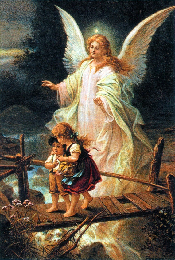 Stampa su tela cattolica Angelo custode con bambini che attraversano il  ponte. Angeli per bambini Arte cattolica per la cameretta dei bambini -   Italia
