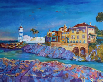 Cascais Portugal Landscape Seascape Lighthouse POSTER A2 Coast Wall Art Oil Painting Travel View Souvenir Europe Lisbon Artwork