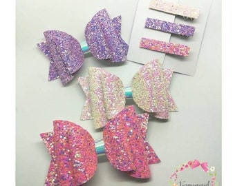 Pink, White & Purple glitter bows and matching fringe clips