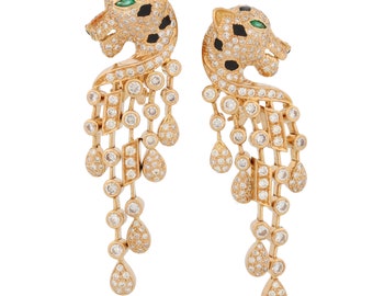 Leopard Pave Diamond Dangle Statement Earrings in 18k Yellow Gold