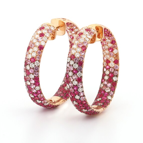18k Rose Gold Hoop Earrings Inside-Out Diamond Pi… - image 4