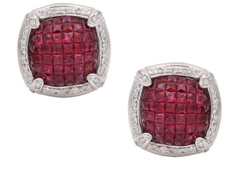 Invisible Set Ruby Diamond Earrings in 18k White Gold 4.75 cttw