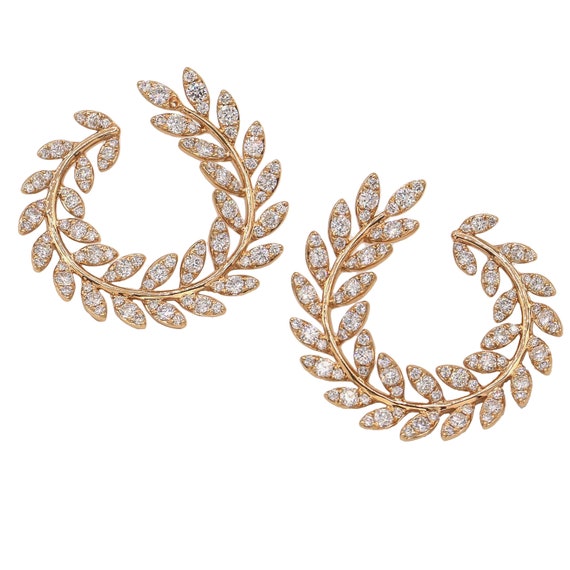 Designer Signed Laurel Wreath Diamond Leaf Earring