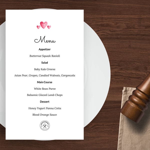 Valentines Day, Course Menu, Menu Template,  Restaurant Menu, printable menu, editable menu, Word Menu, Google Doc Menu