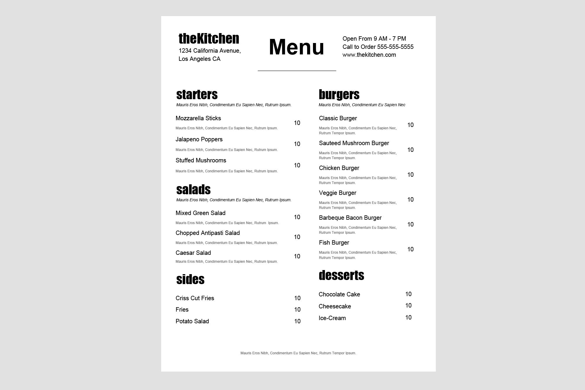 Food Truck Menu Restaurant Menu Template Restaurant Menu Etsy