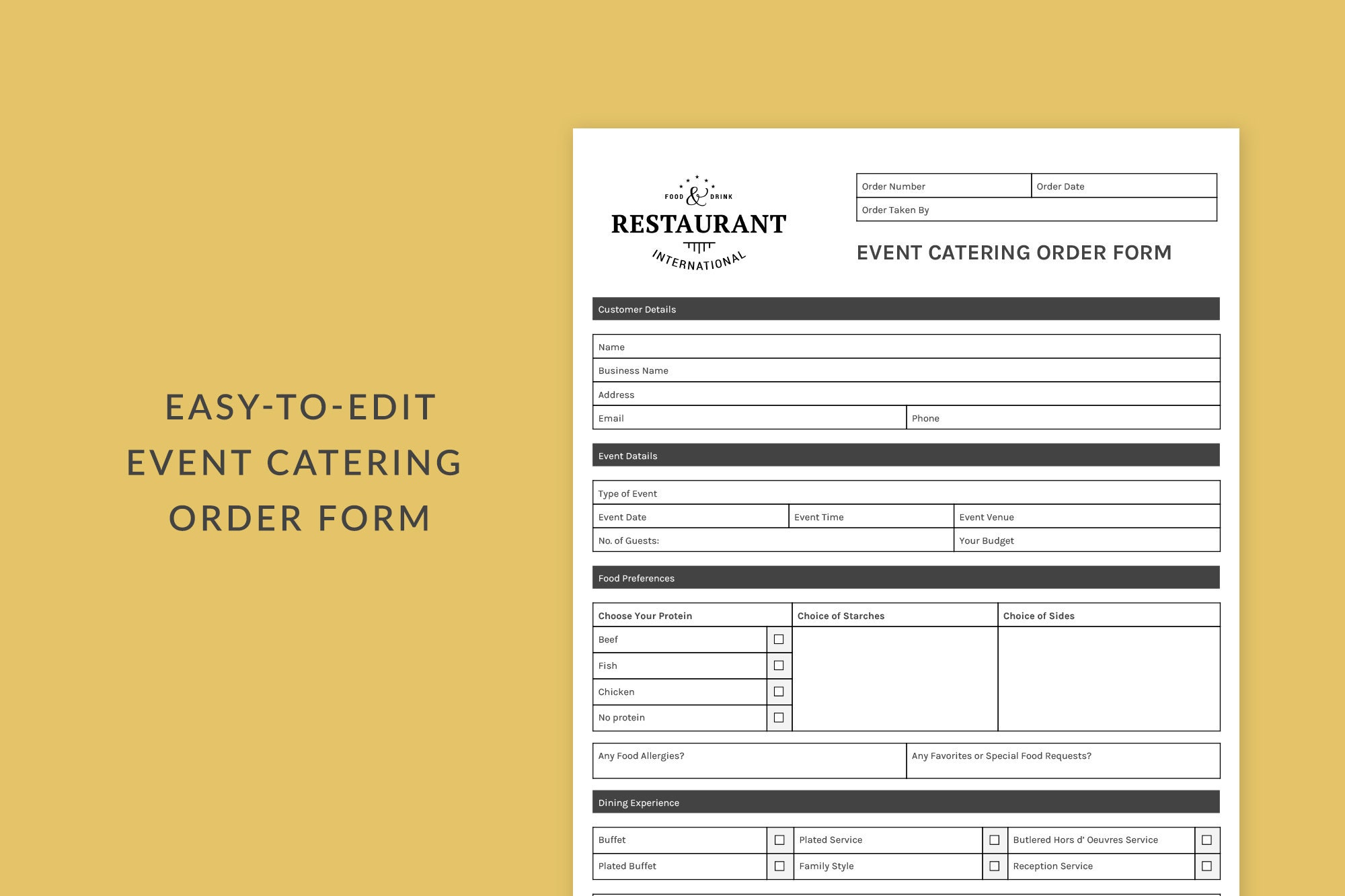 Event Catering Order Form Order Form Template Bakery Order Form