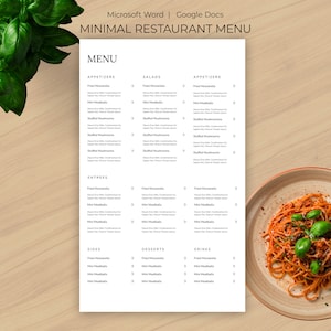 Menú Restaurante, Menú de Restaurante, Plantilla de Menú de Restaurante, Menú de Word, Menú de Google Doc, menú instantáneo, menú editable