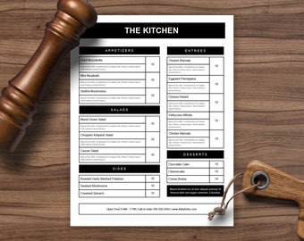 Food menu, Restaurant Menu, black and white menu, 2 column menu, Cafe menu, Word Menu, Google Doc Menu, DIY menu, Restaurant menu template