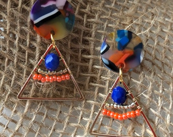 Blue and orange beads triangle earrings