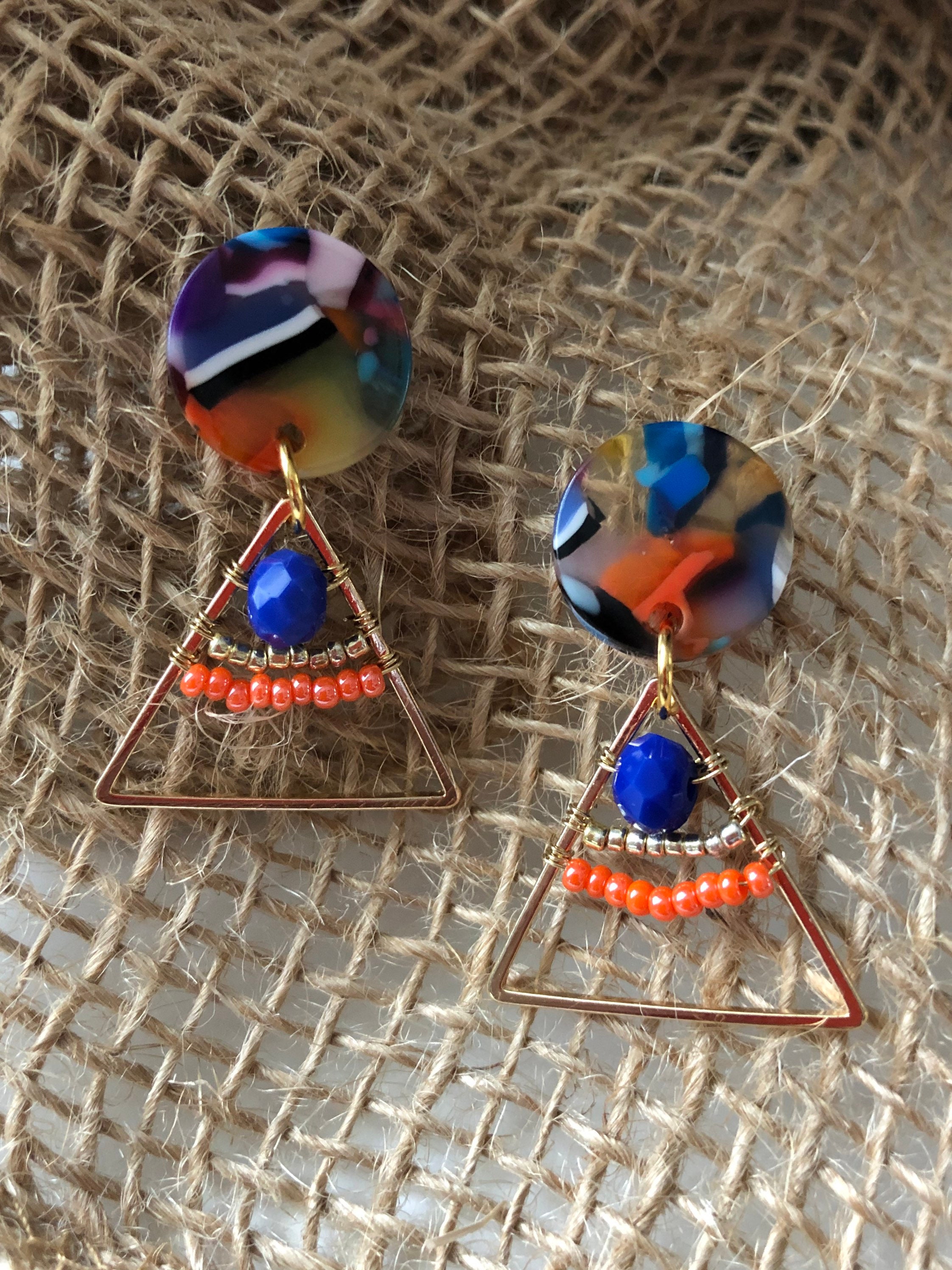 Blue and Orange Triangle Earrings with Black Hardware - Unique