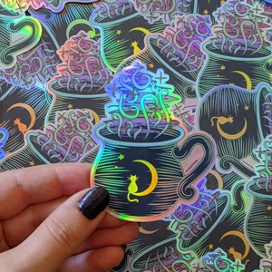 Spooky Cauldron Holographic Sticker - Halloween Sticker, Witchy, Cute Sticker, Spooky, Magic Sticker, Vinyl Laptop Sticker, Cat Sticker