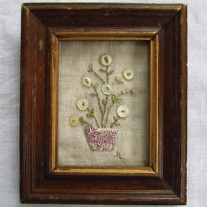 Handmade Folk Art Textile collage, vintage buttons, hand stitched, vintage linen