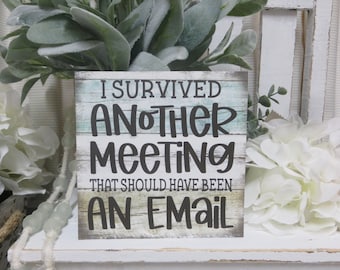 Humorous Office Sign / I Survived Another Meeting That Should Have Been An Email / Desk Work Sign / Funny Office Decor / Funny Wood Sign