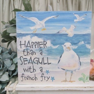 Beach Sign / Happier Than a Seagull With a French Fry / Wood Beach Decor / Beach Tiered Tray / Beach Lover Gift / Seagull Beach Sign