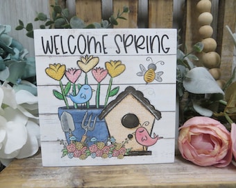 Spring Sign / Welcome Spring / Spring Tiered Tray Decor / Easter Spring Decor / Spring Birdhouse Flower Sign / Easter Tiered Tray Decor