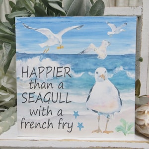 Beach Sign / Happier Than a Seagull With a French Fry / Wood Beach Decor / Beach Tiered Tray / Beach Lover Gift / Seagull Beach Sign