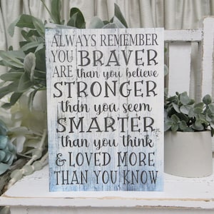 Positive a. a. milne Quote: &quot;Always Remember You are Braver Than You Believe...and Loved More&quot;, Kid&#39;s Room Sign