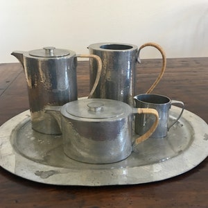 Porter Blanchard 5 Piece Pewter Wicker Coffee Tea Set 1930 Arts and Crafts